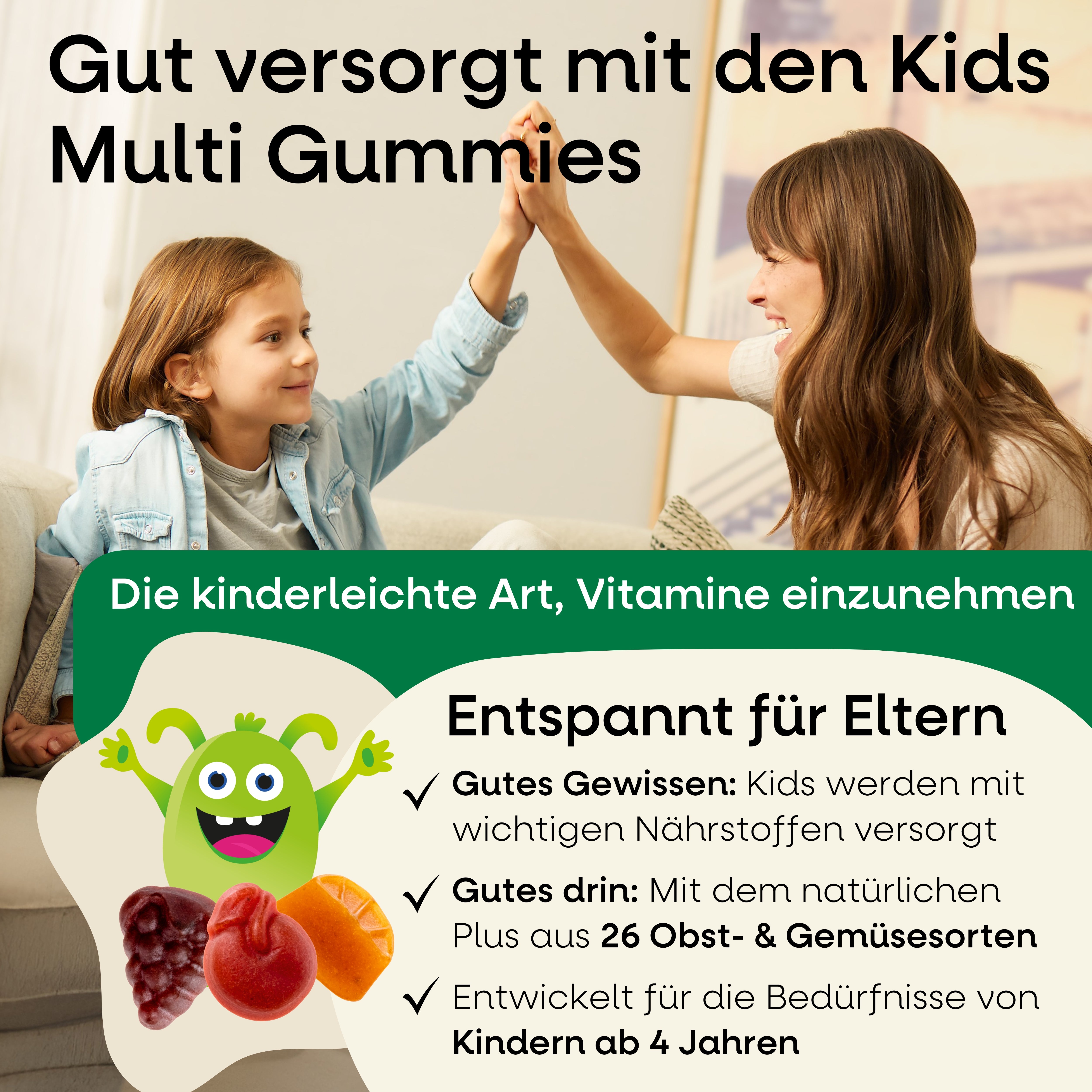 Kids Multi Gummies I Multivitamin für Kinder ab 4 Jahren I 14 Nährstoffe I Orangen-, Trauben-, Kirsch-Geschmack I 60 Stk